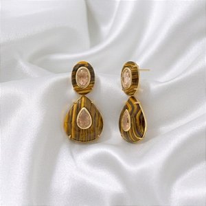 Brinco 2 em 1 Gota Cristal e Olho de Tigre Ouro Semijoia