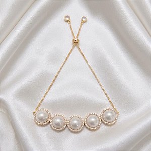 Pulseira Gravatinha Pérolas e Zircônia Ouro Semijoia