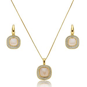 Colar e brinco quadrado pedra natural quartzo rosa ouro semijoia