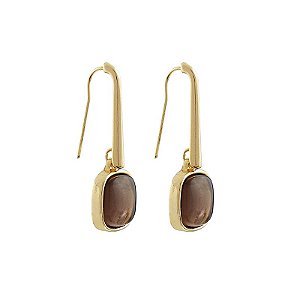 Brinco gancho quadrado pedra natural obsidiana fumê ouro semijoia