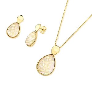 Colar e brinco pedra natural Nautilus  ouro semijoia