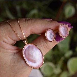 Colar e brinco oval pedra natural madrepérola rosa semijoia