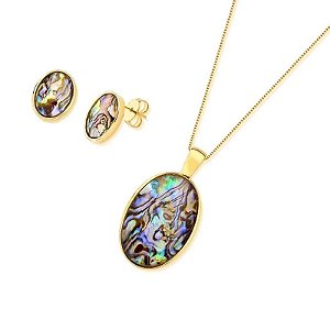 Colar e brinco oval pedra natural abalone ouro semijoia