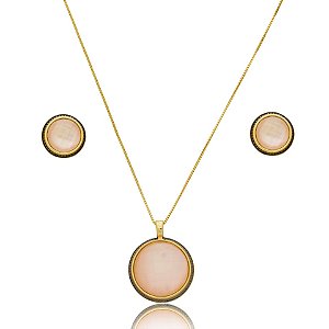 Colar e brinco redondo pedra natural madrepérola rosa semijoia