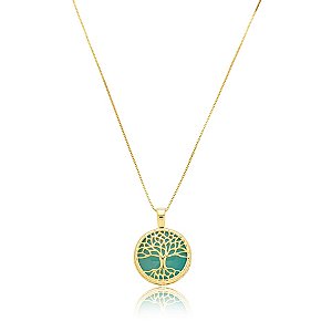 Colar árvore da vida pedra natural ágata azul céu ouro semijoia
