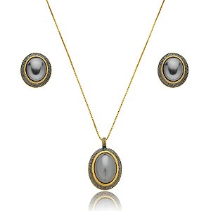 Colar e brinco oval pérola grafite ouro semijoia