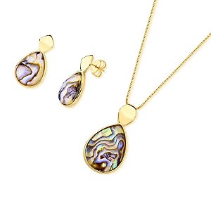 Colar e brinco gota pedra natural abalone ouro semijoia