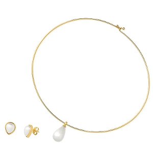Colar e brinco gota pérola shell branca ouro semijoia