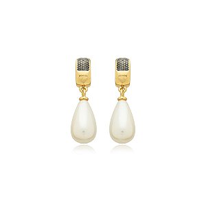 Brinco pérola shell gota ouro e ródio negro semijoia