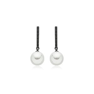 Brinco palito pérola shell zircônia preta ródio negro semijoia