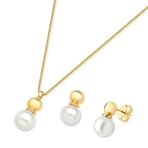 Colar e brinco pérola shell ouro semijoia