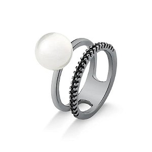 Anel pérola shell com zircônia preta ródio negro semijoia