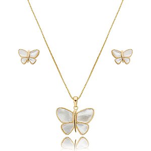 Colar e brinco borboleta madrepérola ouro semijoia 19A12067