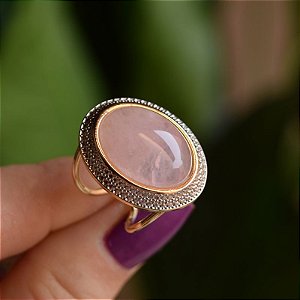 Anel ajustável oval pedra natural quartzo rosa ouro semijoia