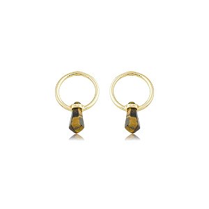 Brinco argola frontal pedra natural olho de tigre ouro semijoia