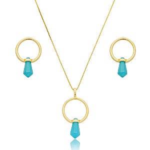 Colar e brinco geométrico pedra natural ágata azul céu ouro semijoia