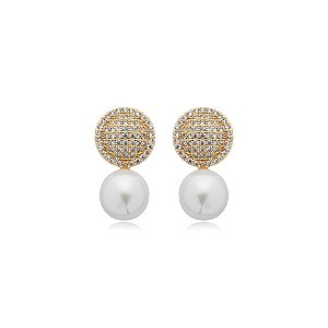 Brinco pérola zircônia ouro semijoia 18K08015