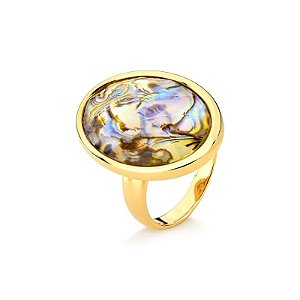Anel oval pedra natural abalone ouro semijoia