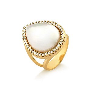 Anel pérola shell gota com zircônia ouro semijoia