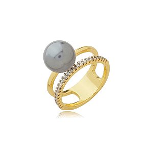 Anel pérola shell grafite com zircônia ouro semijoia