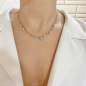 Colar choker olho grego ródio semijoia