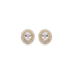 Brinco oval zircônia ouro semijoia 18K09013
