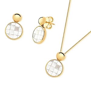 Colar e brinco pedra natural madrepérola mosaico ouro semijoia