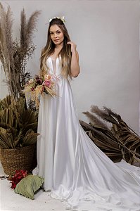 Vestido de Noiva Minimalista com Decote Transparente - KATRIN