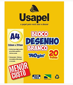 Bloco Desenho Escolar Branco A4 140g 20 Folhas Usapel