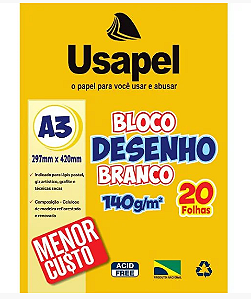 Bloco Desenho Escolar Branco A3 140g 20 Folhas Usapel