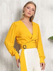 Blusa Cropped Transpassada Manga Longa -  Laura