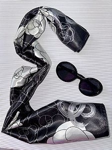 LENÇO CETIM FLORES PRETO  (AR25-1914)