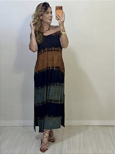 VESTIDO ARTESANAL LISTRA MARROM/VERDE (AR26-1459)