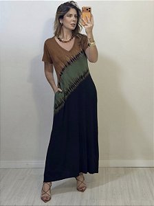 VESTIDO ARTESANAL MARROM/VERDE (AR26-1454)