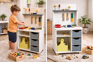 Bancada de Ferramentas Infantil em Madeira – Oficina Educativa Completa