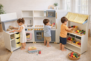 Brinquedoteca Infantil Completa em Madeira (Cozinha + Geladeira + Lavanderia + Ferramentas + Feirinha)