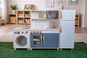 Brinquedoteca Infantil Completa em Madeira – Cozinha + Geladeira + Lavanderia