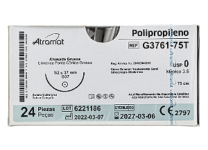 G3761-75T | Fio Sutura de Polipropileno 0 AG. Cil. 1/2 Cir. 37 mm
