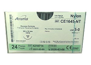 CE1645-NT | Fio Sutura Nylon 5-0 AG Triang. 3/8 16 mm (equivalente ao Mononylon 1166T)
