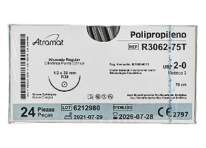 R3062-75T | Fio Sutura de Polipropileno 2-0 AG. Cil. 1/2 Cir. 30 mm