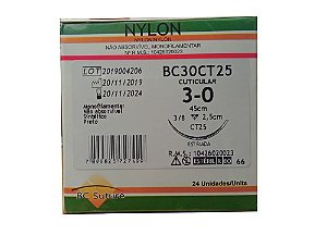 BC30CT25| Fio Sutura Nylon 3-0 AG Triangular 3/8 25 mm BC Suture