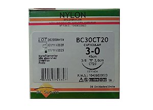 BC30CT20 | Fio Sutura Nylon 3-0 AG Triangular 3/8 20 mm BC Suture