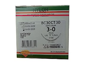 BC30CT30 | Fio Sutura Nylon 3-0 AG Triangular 3/8 30 mm BC Suture