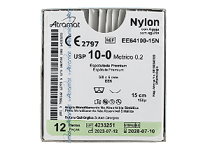 EE64100-15N | Fio Sutura Nylon 10-0 15 cm  AG Espátula 3/8  Agulha 6 mm