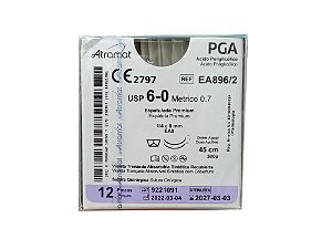 EA896/2 | Fio Sutura PGA 6-0 2x AG Espátula 1/4 Circ. 8 mm (equivalente ao Vicryl J555G)