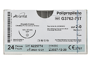 G3762-75T | Fio Sutura de Polipropileno 2-0 AG. Cil. 1/2 Cir. 37 mm
