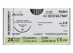 CE3742-75NT | Fio Sutura Nylon 2-0 AG Triang. 3/8 37 mm, 70 cm