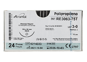 RE3063-75T | Fio Sutura de Polipropileno 3-0 AG. Cilíndrica 3/8 Cir. 30 mm