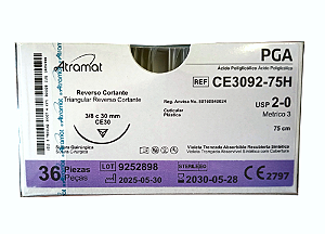 CE3092-75H | Fio Sutura PGA 2-0 AG Triangular 3/8 30 mm