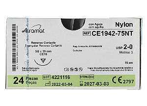 CE1942-75NT | Fio Sutura Nylon 2-0 AG Triang. 3/8 19 mm, 75 cm de comprimento